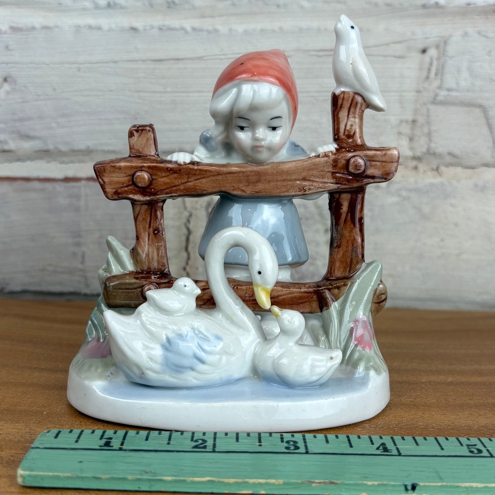 Vintage 1950s Swan Family Porcelain Figurine‎ Girl at Fence Cottagecore Decor